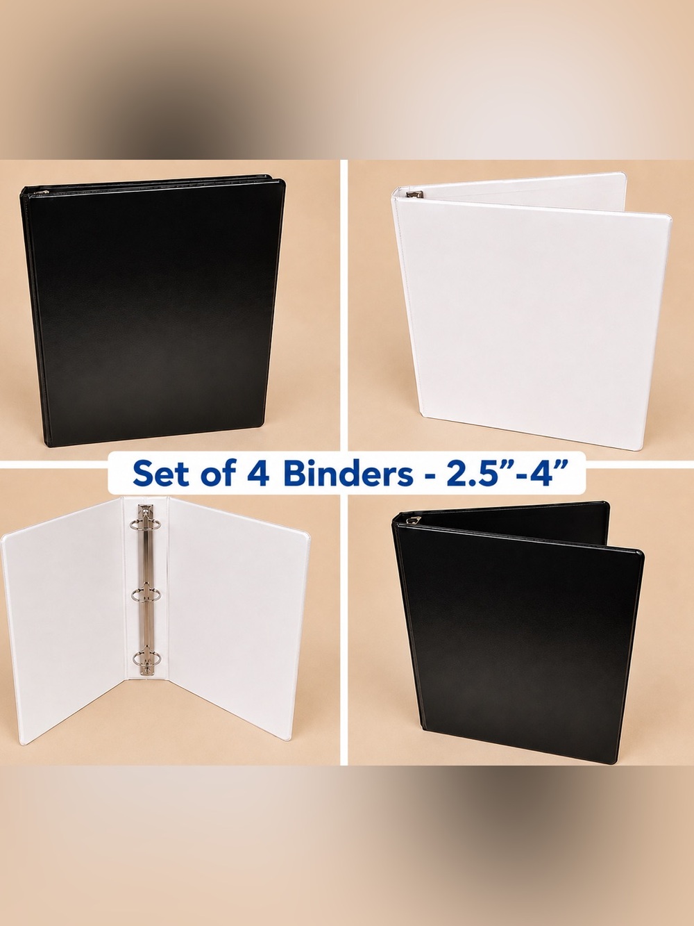 Set of 4 - Black & White 3-Ring Binders - 2.5”- 4”